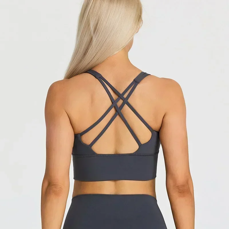 Lemon Women Shock-proof Sports Bras Naked-feel Sexy Cross Yoga Fitness Bra Padded Push Up Athleti Crop Top Running Workout Vest