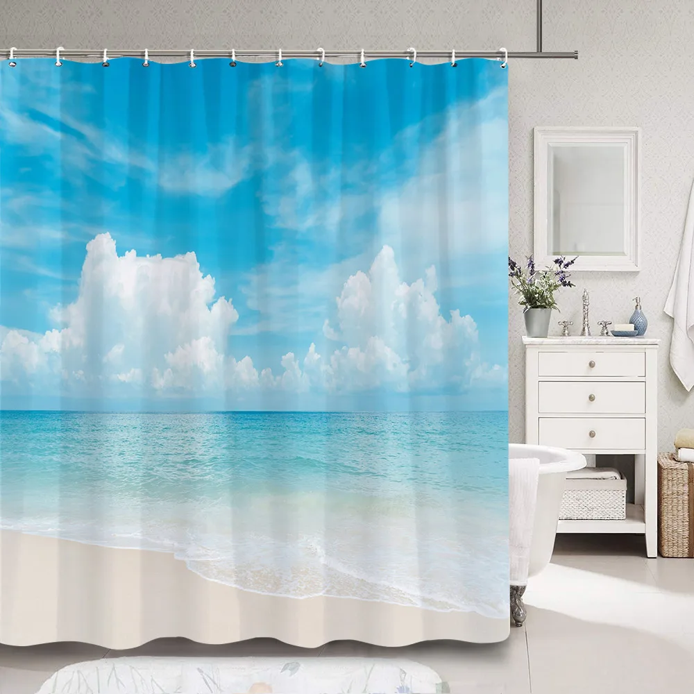 Ocean Beach Outdoor Scenic Shower Curtain Coconut Tree Blue Sky White Clouds Natural Landscape Fabric Bath Curtain Bathroom Deco