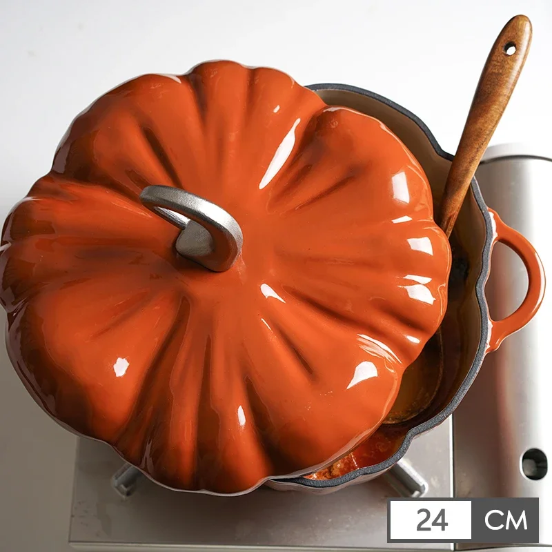 Nordic Household Stewing Pot Orange 24cm Soup Pan Creative Pumpkin Cooking Pots Cast Iron Enamel Utensils For Kitchen