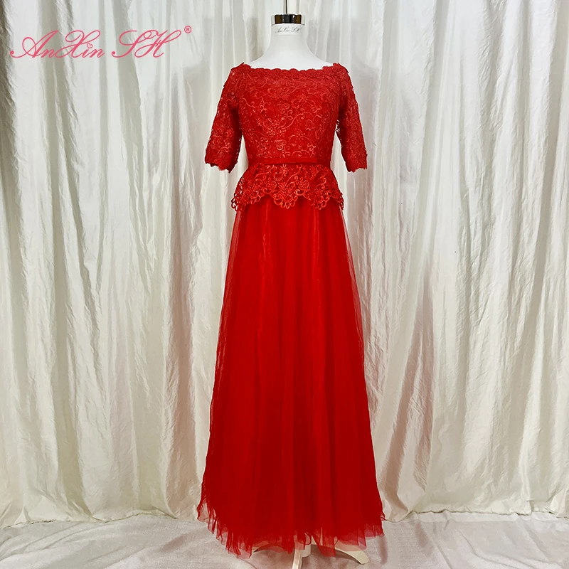 

AnXin SH princess red lace evening dress vintage boat neck half sleeve a line long navy blue lace up evening Dresses