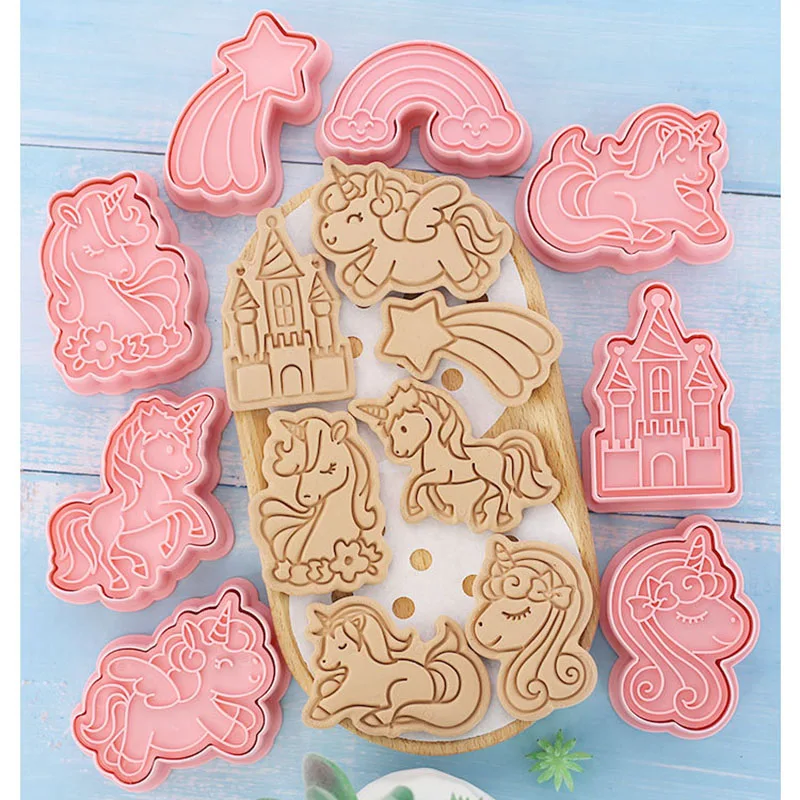 8Pcs/set Cartoon Unicorn Cookie Cutters Plastic 3D Biscuit Mold Stamp Kitchen Baking Pastry Bakeware Tool Kitchen Accessories