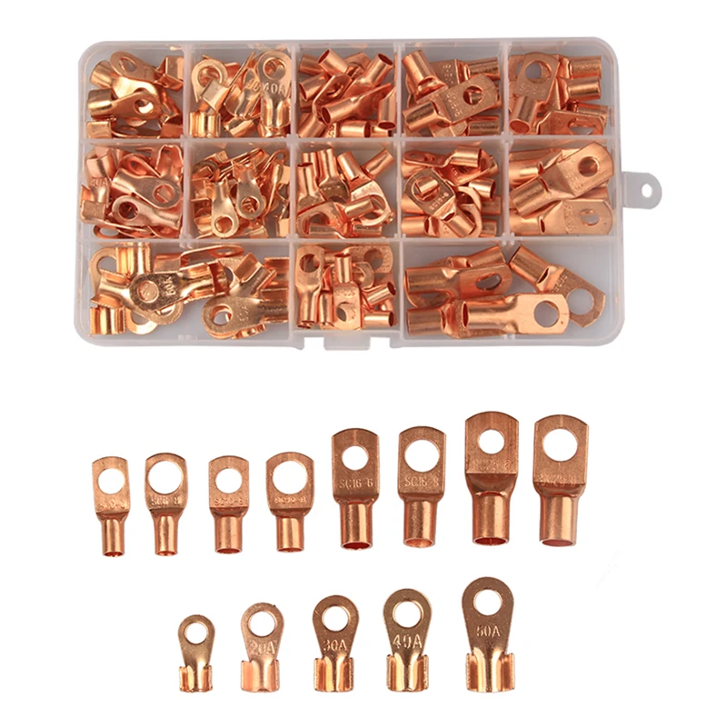 130pcs Copper Terminals Battery Welding Cable Lug Ring Crimp Connectors