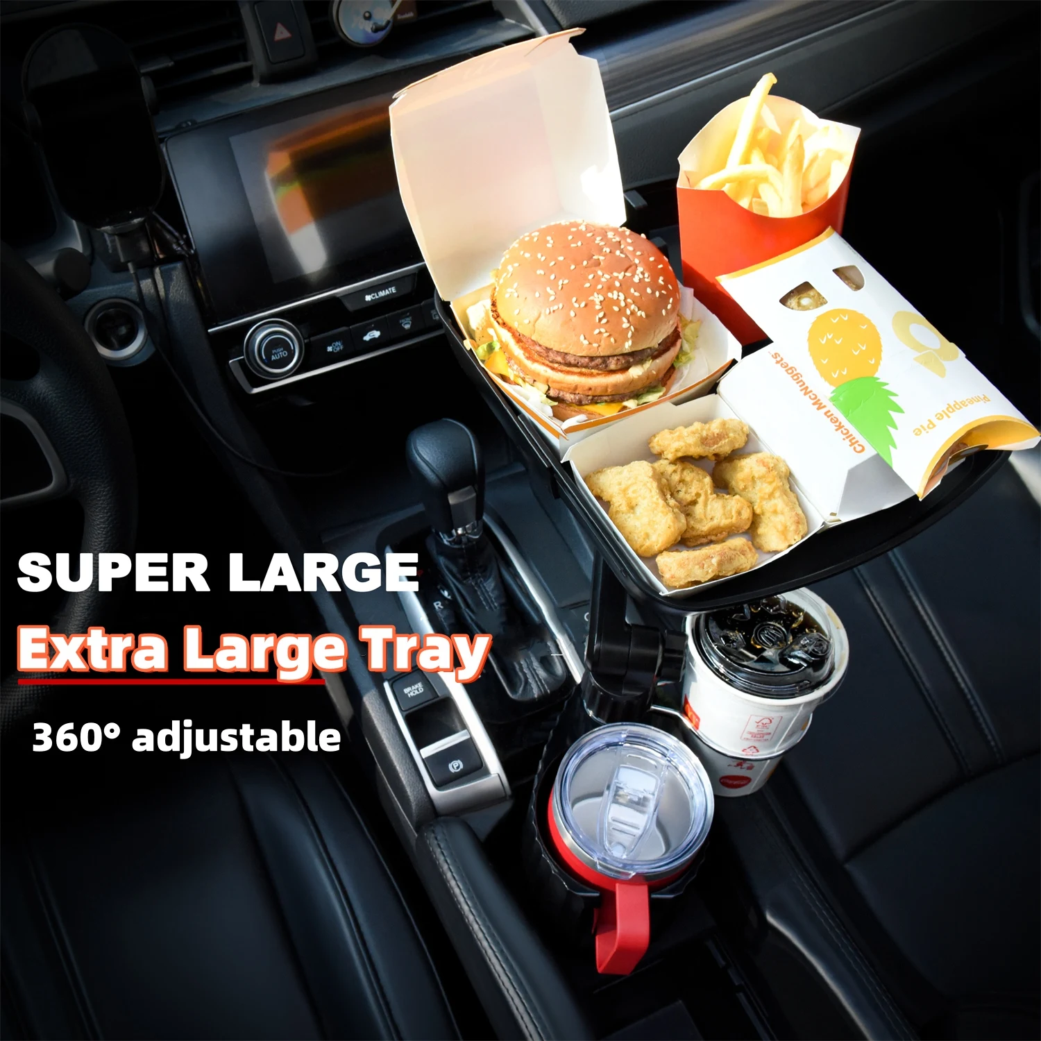 Car Cup Holder Expander - 4-in-1 Swivel Snack Tray With Detachable Drink Holders