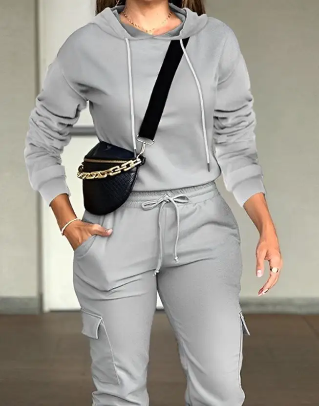 Two Piece Set Women Outfit 2023 Spring Fashion Long Sleeve Hooded Top & Casual Plain Pocket Design Drawstring Long Pants Set