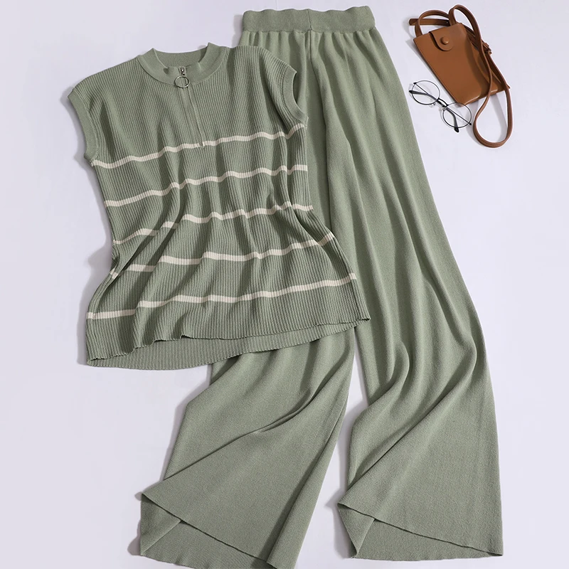 

Женский трикотажный топ без рукавов в полоску + широкие брюки с высокой талией, элегантные однотонные повседневные брюки-жилеты в Корейском стиле, 2024