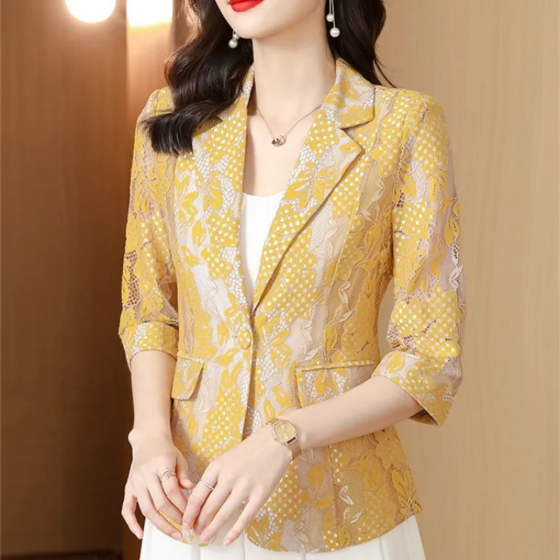 2023 New Spring and Summer Fashion Commuting Simple Temperament Lace Hollow Out Jacquard Casual Versatile Women's Suit Blazer