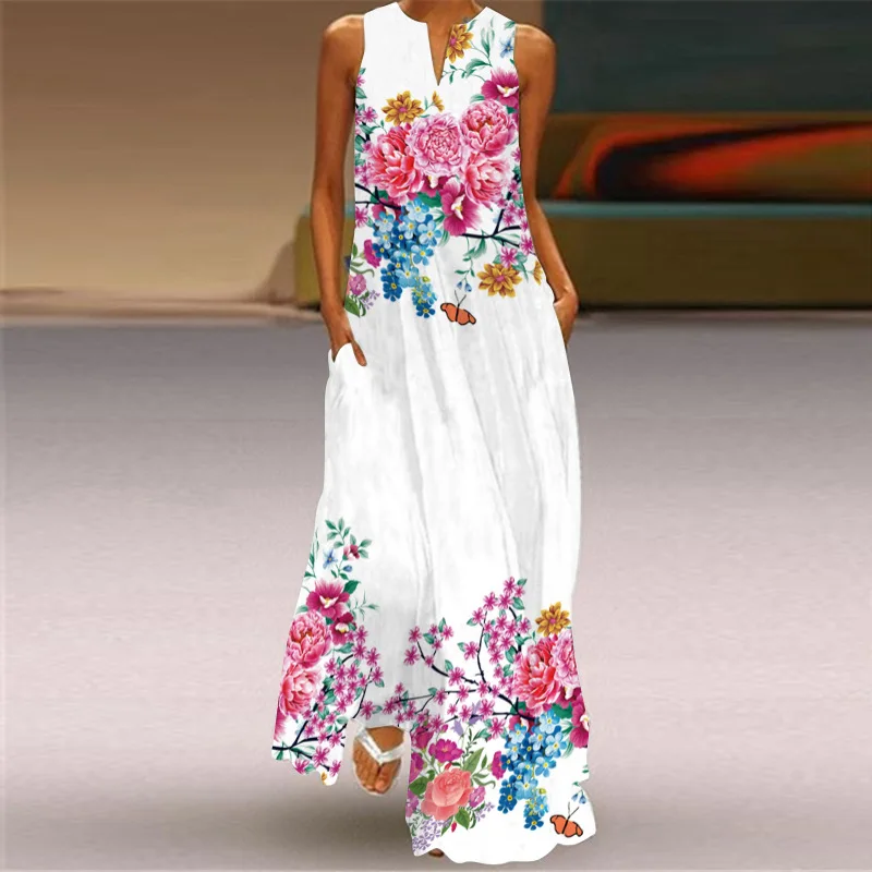 

Ladies Spring Summer Black Long Robe Sleeveless V-neck Casual Beach Maxi Dresses Elegant Flower Printed Vintage Vestido Women