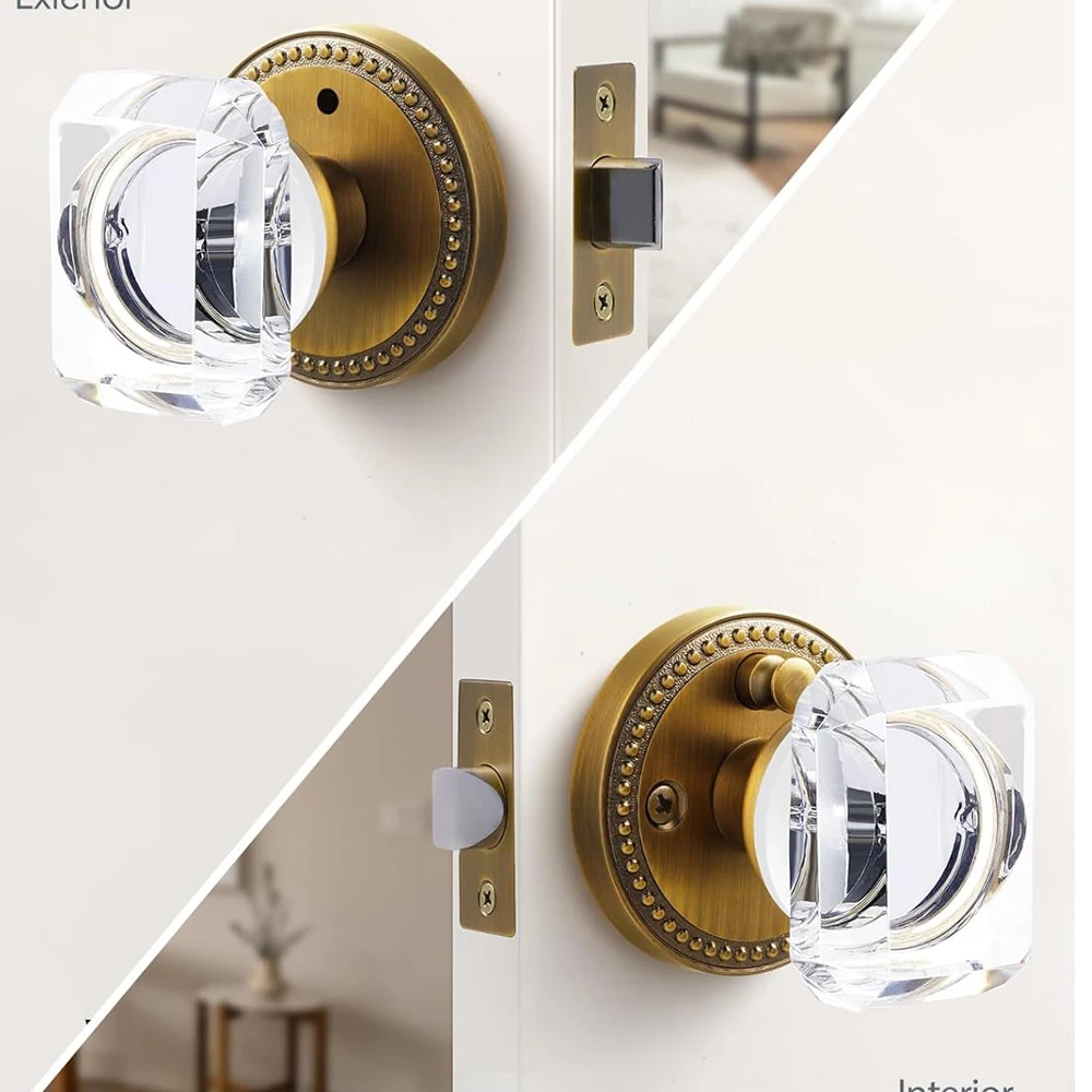 มือจับประตูคริสตัลขัดเงา, ทองเหลืองซาตินภายใน, ห้องนอนและห้องน้ําเพื่อความเป็นส่วนตัว, มือจับประตูกระจกสี่เหลี่ยม, โลหะผสมสังกะสี 1