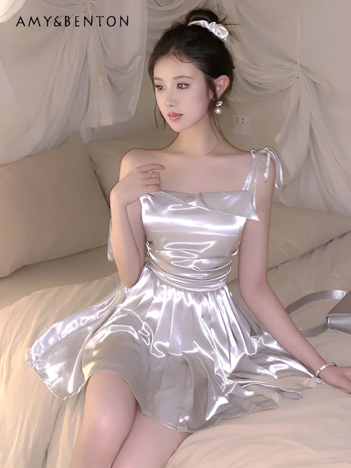 

French Style Temperament High Sense Sweet Mini Dress 2024 Summer New Hot Girl Sexy Strapless Bow Lace-up Y2K Dress for Women