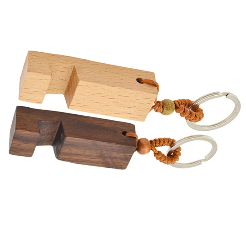 Personalized Solid Wood Keychain with Creative Phone Holder Pendant