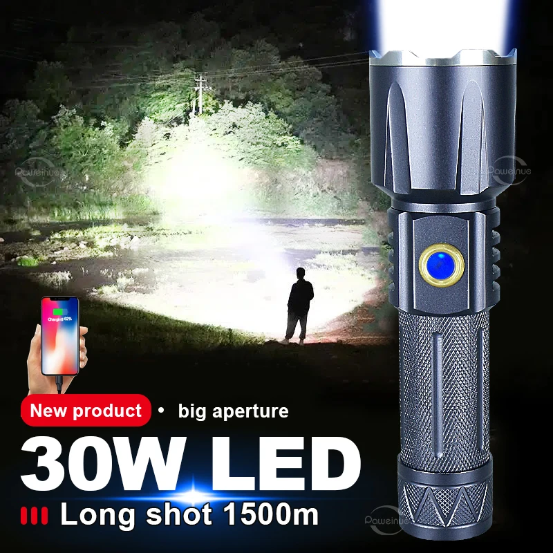 Super-Powerful-Led-Flashlight-30W-USB-Rechargeable-High-Power-Tactical ...