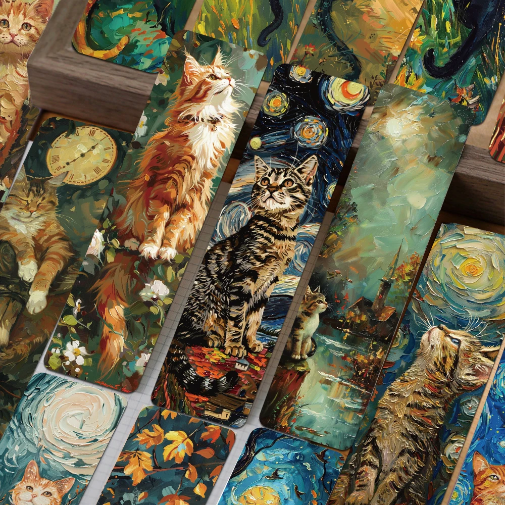 30pcs Oil Painting Cat Bookmarks Reading Pages Books Labeled School Stationary Supplies DIY Aesthetic Bookmark Decoration Cards