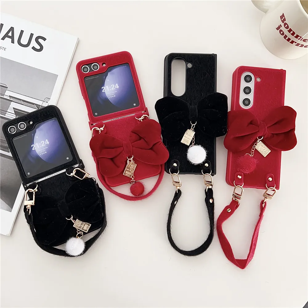 Custodia Per Telefono A Catena Corta Con Fiocco In Peluche Rosso Fortunato Coreano Per Samsung Galaxy Z Fold5 Case Z Flip5 Z Flip4 Z Flip3 5G Z Fold4 
