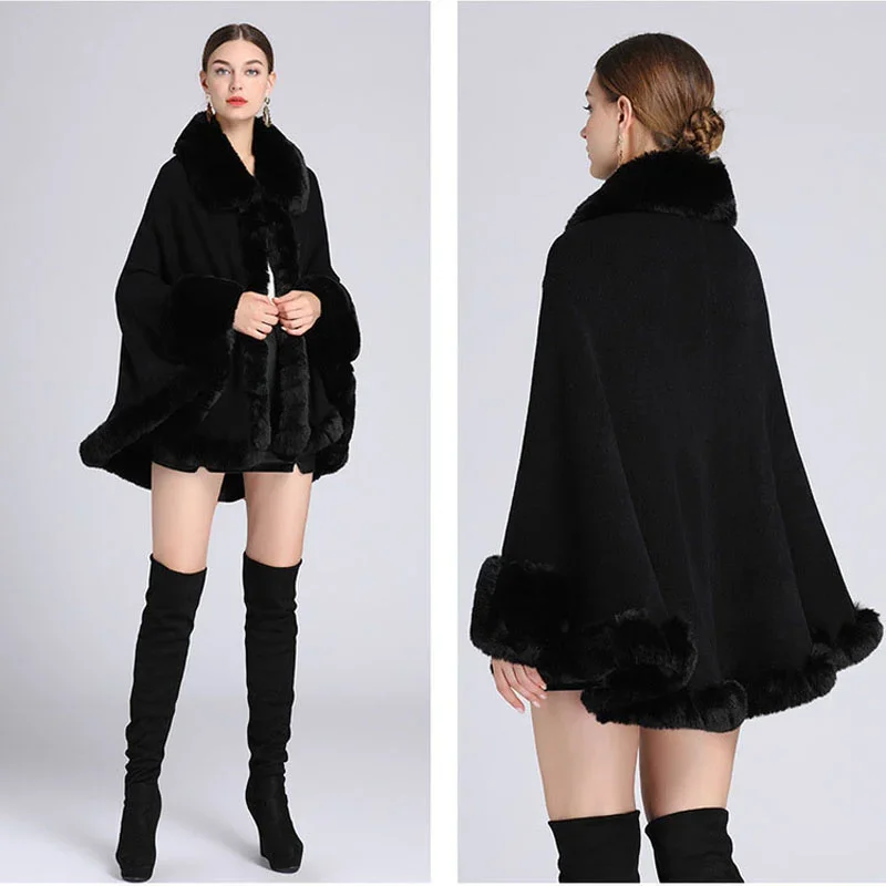 

Full Trim Soft Faux Fur Cloak Coat Loose Batwing Cape Turn Down Collar Dress Smock Winter Women Knit Mantle Fashion Young