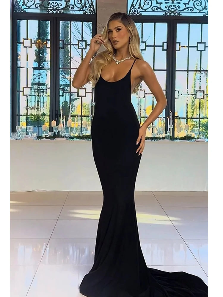 

Новинка лета 2024, черное приталенное сексуальное платье в пол на бретелях