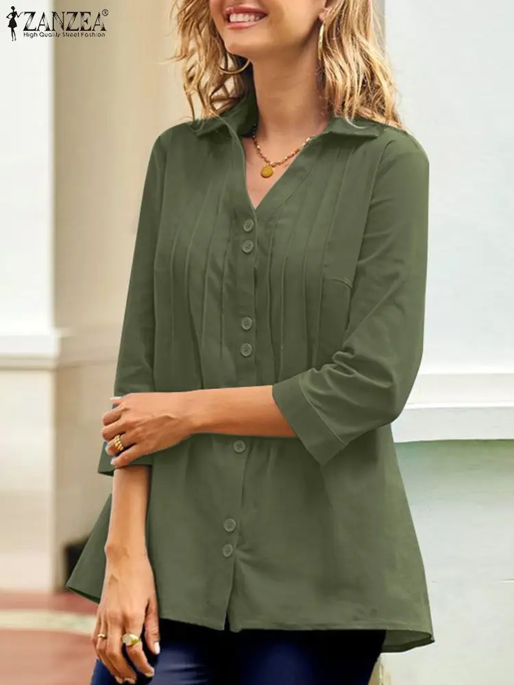 

ZANZEA Summer Lapel Neck 3/4 Sleeve Tops Women Elegant Buttons Down Blouse Casual Pleated Blusas Fashion Solid Work Shirt 2023