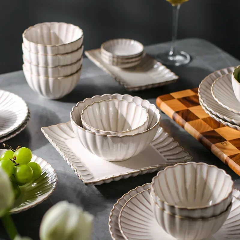 White Chrysanthemum Shaped Dinner Ceramic Sets Bowl Plates Dish Porcelain Dinnerware For Set Household Hotel