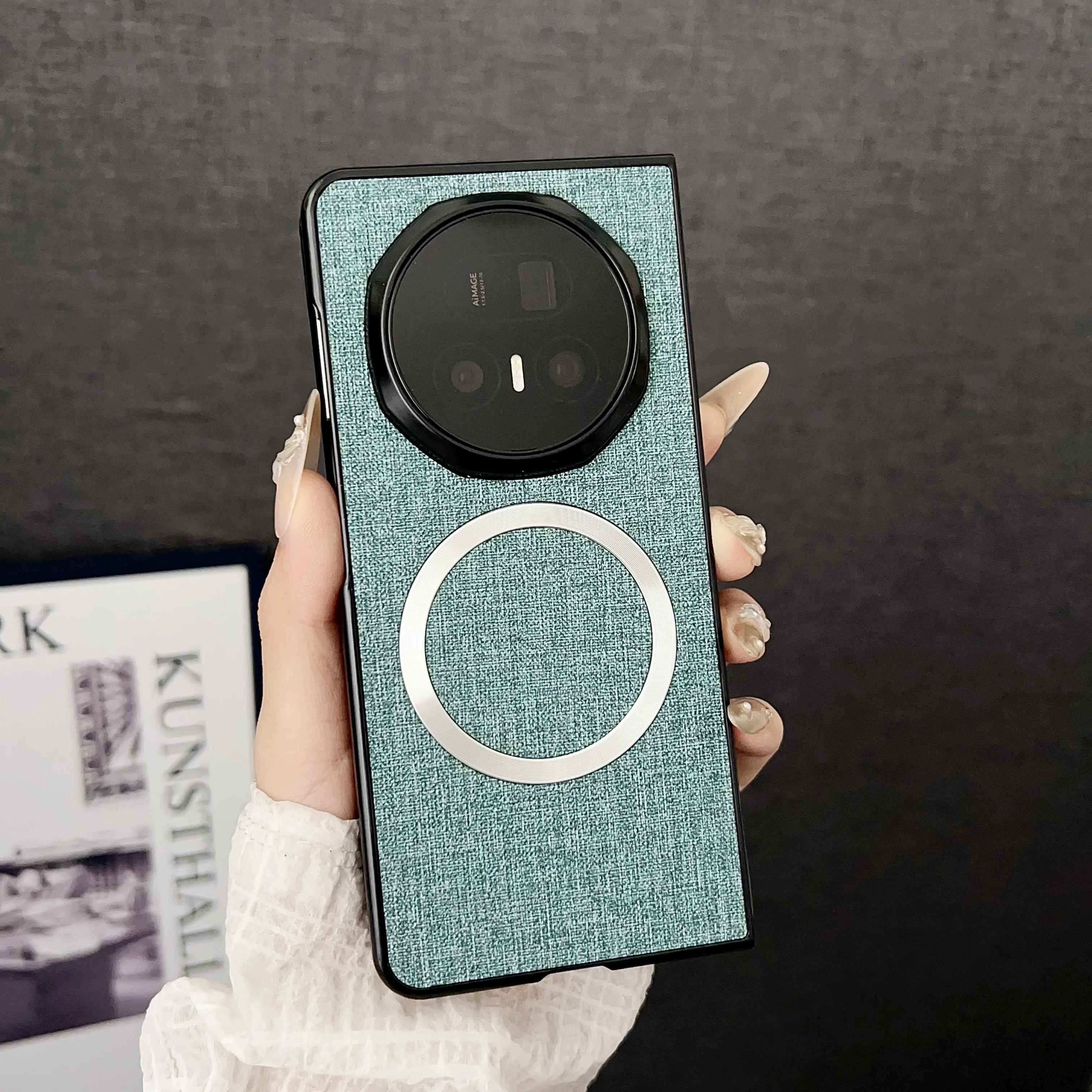 Luxury PU Cloth Magnetic Wireless Charging Protective Back Cover Case for Huawei Honor Magic V5