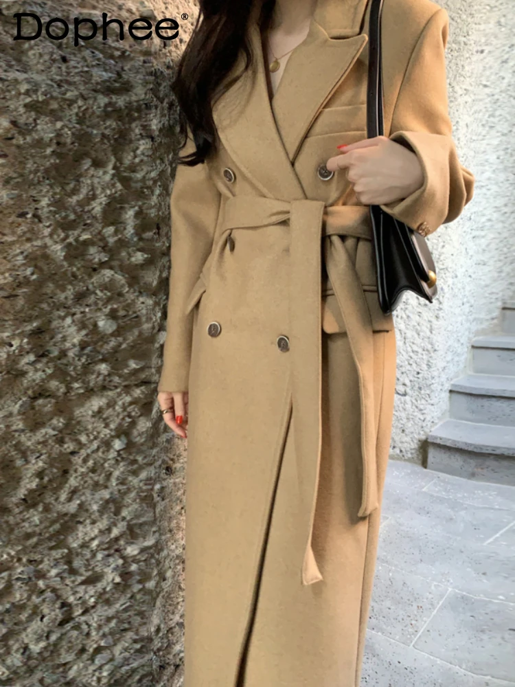 

Double Row Button Suit Collar Straight Long Sleeve Wool Coat Women 2023 Autumn Winter Korean Lace Mid-Length Blend Coat Female