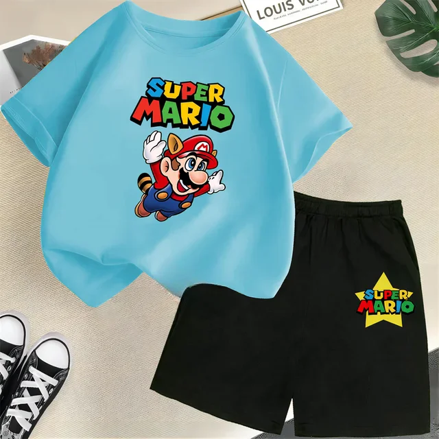 thumbnail image 1 of Conjunto de 2 piezas de camiseta y pantalones cortos de Mario de manga corta de verano para niños y niñas de 3 a 12 años, conjunto deportivo informal para niños, 1 of 5