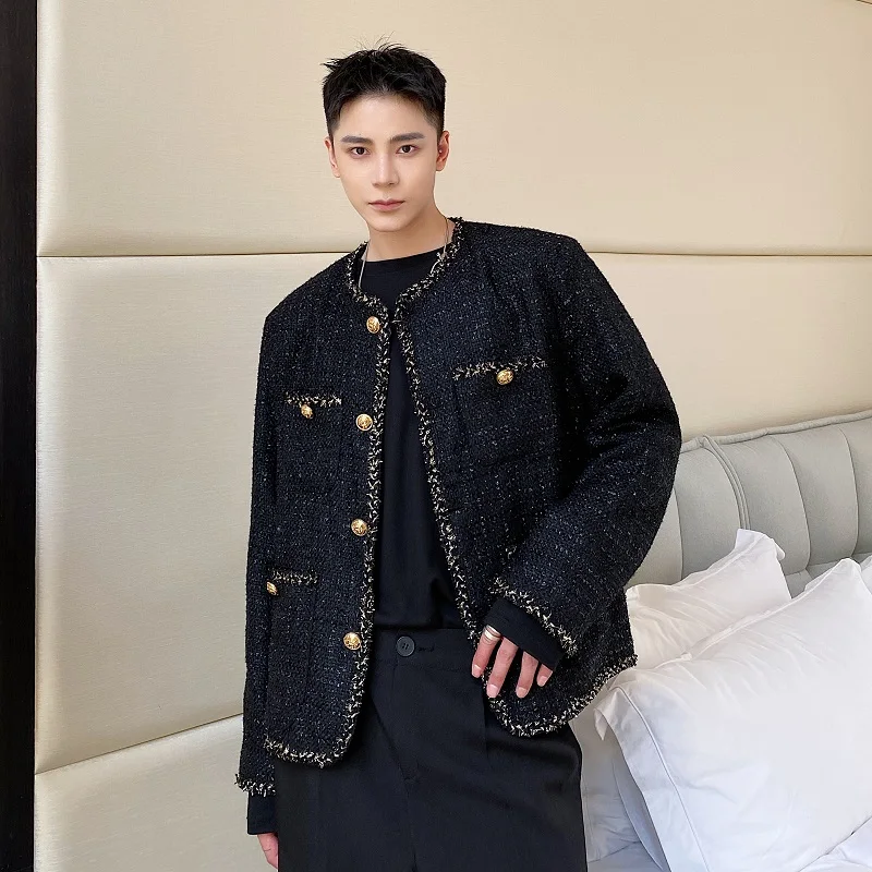 New Korean Fashion Woven Tweed Suit Men Coat 2023 Round Neck Long Sleeve  Single Breasted Male Jackets Casual Autumn Tops N19