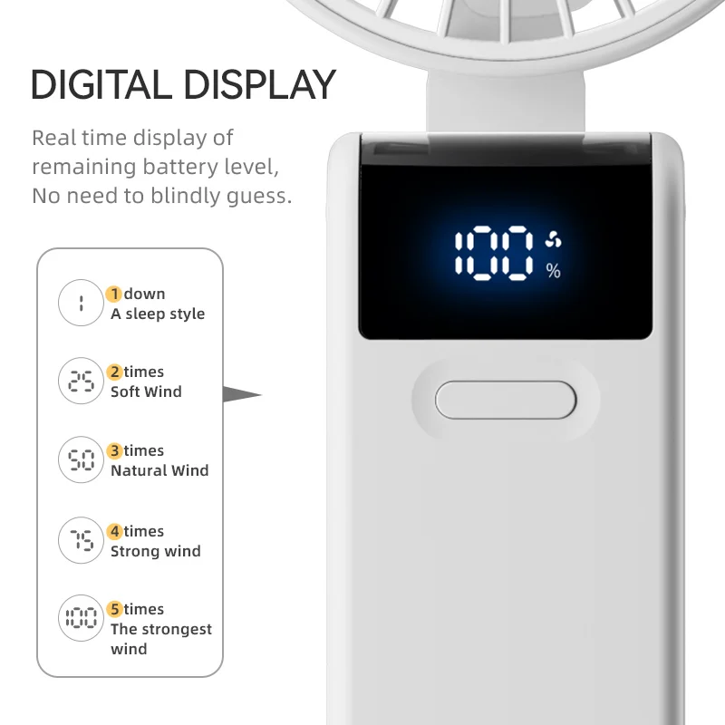 Portable Foldable Mini Fan with USB Rechargeable Battery and Multi-Function Display