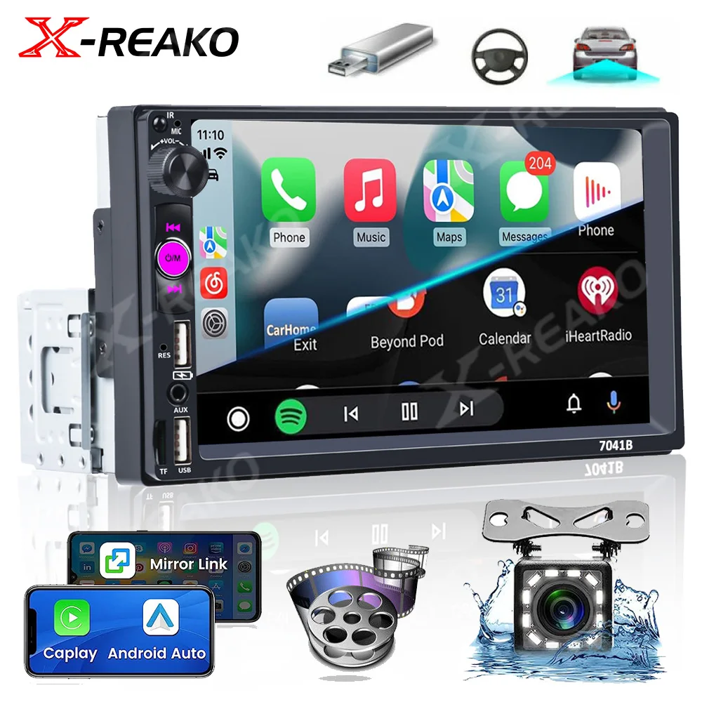 

X-REAKO 1 Din Carplay Car Radio 7" HD Autoradio Multimedia MP5 Player Touch Screen Mirror Link Stereo Bluetooth 2USB FM Camera