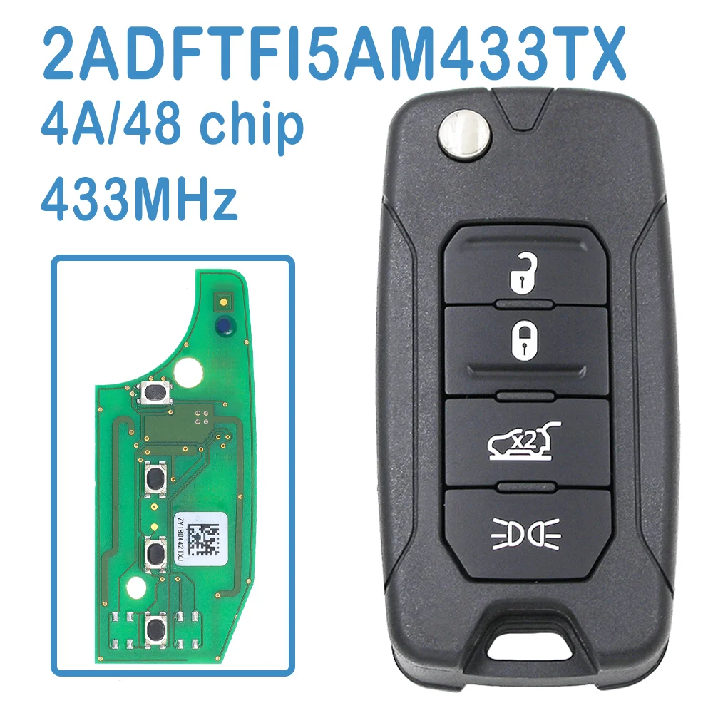 

2ADFTFI5AM433TX Auto Smart Remote 3+1 Buttons FSK 433MHz 4A/ID48 Chip Replace Car Key Fob For Jeep Renegade 2016 2017 2018