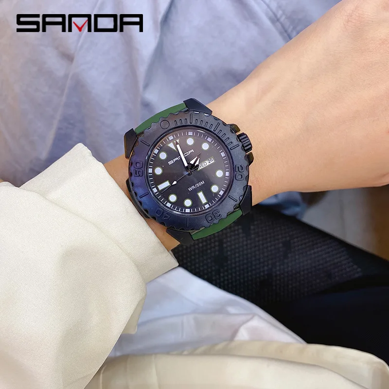 SANDA Brand Luxury Men Silicone Strap Sports Watches 50M Waterproof Weekly Calendar Display Quartz Watch Business Watch For Men