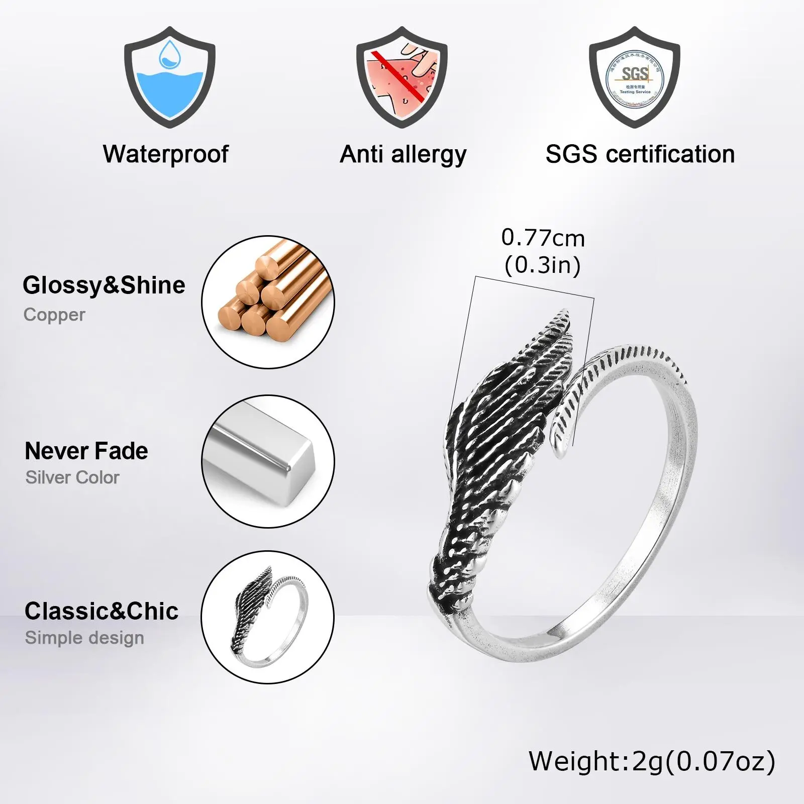 Retro Wings Ring for Men,Gothic Devil Wings Adjustable  Metal Ring,Punk Hip Hop Jewelry Gift