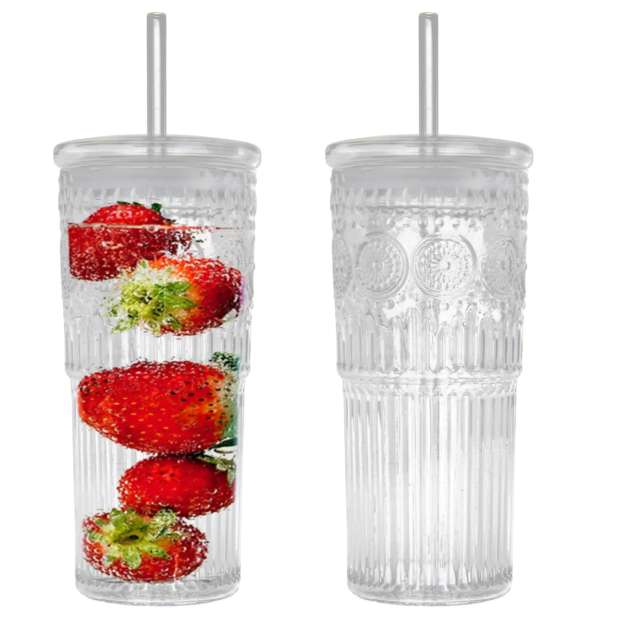 2PCS All Glass Iced Coffee Cup Lids Straws 17/20oz High Borosilicate Glass Tumbler for Water Smoothie Juice Drink