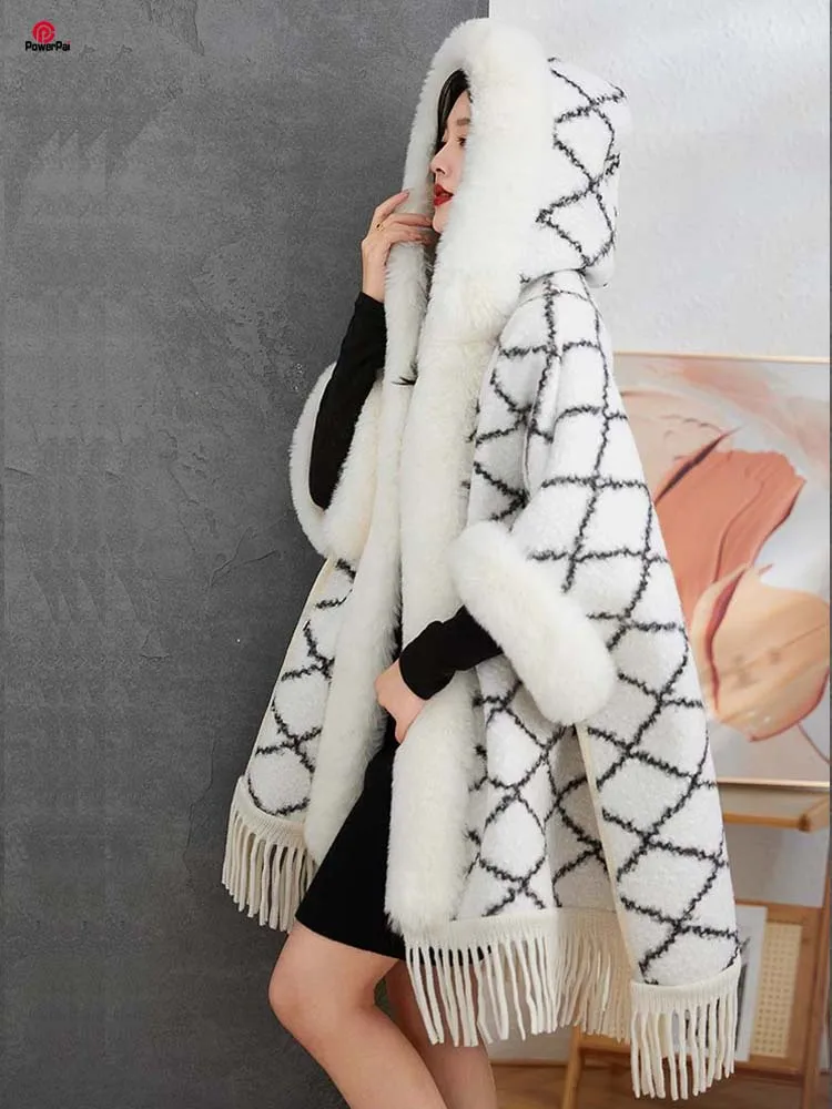 

Fashion Warm Imitate Lamb Wool Faux Fur Cape Coat Hood Women Winter Thicken Lining Outerwear Cloak Long Loose Cardigan Mantle