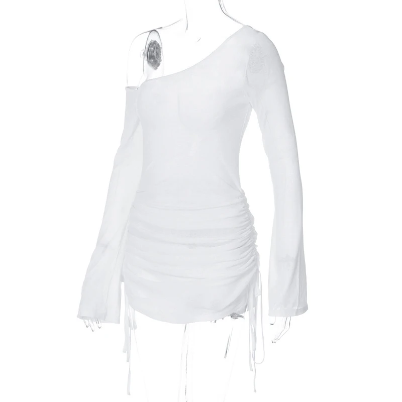 y2k Off Shoulder Dress 2000s Women Sheer Drawstring Ruched Long Sleeve Mini Dress Vacation Party Dresses Beach Cover Up