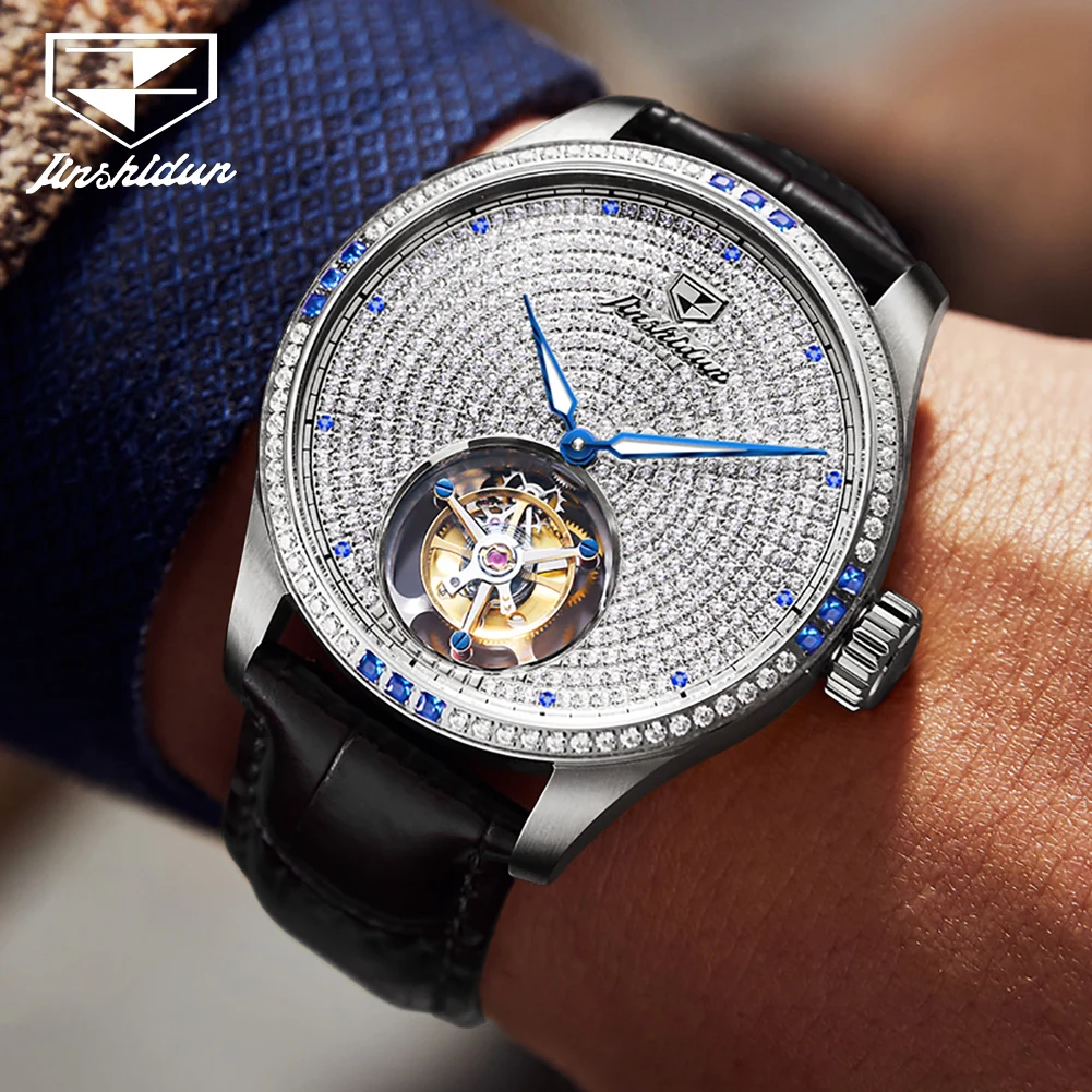 JSDUN Tourbillon Men's Automatic Mechanical Watch Full Diamond Dial 50M Waterproof Luxury Men's Watches Original Wristwatch Men