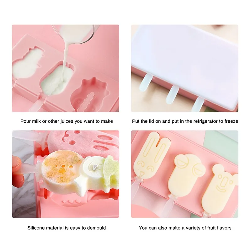 Silicone Ice Cream Mold with Lid, Animals Shape Jelly Mold, Children Handmade DIY Dessert Popsicle Ice Grid with Popsicle Stick
