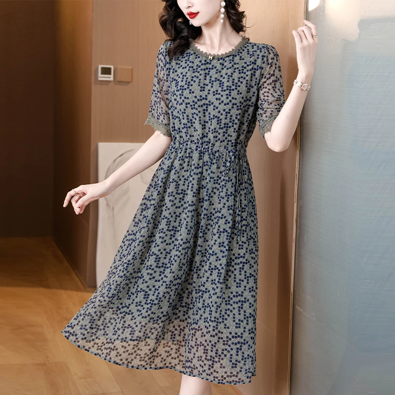 

2024 Fashion Light Floral rayon Midi Dress Women Korean Elegant Loose Waist Dress Summer Vintage Luxury Chic Party Evening Dress