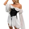 Women's Chiffon Tunic Mini Dresses Sexy Lace Up Low Cut Flare Long Sleeve Off Shoulder Mesh Yarn Boat Neck Loose Short Dresses 4