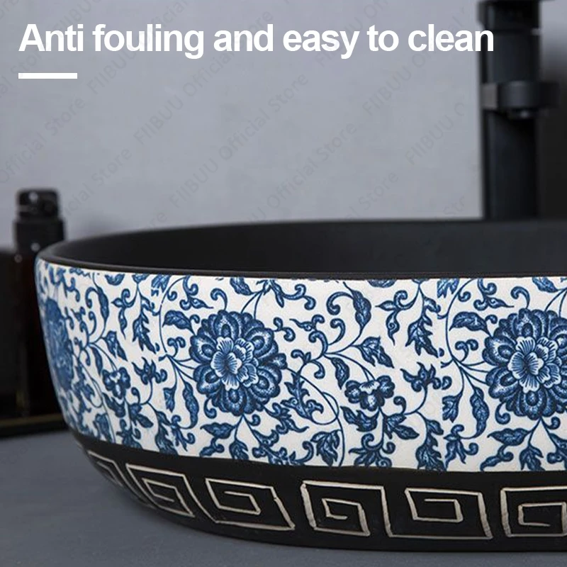Ceramic Table Sink With Fancy Pattern Porcelain Vessel Sink Bathroom Balcony Wash Basin  Lavatory Vanity Sink Countertop Basin 5
