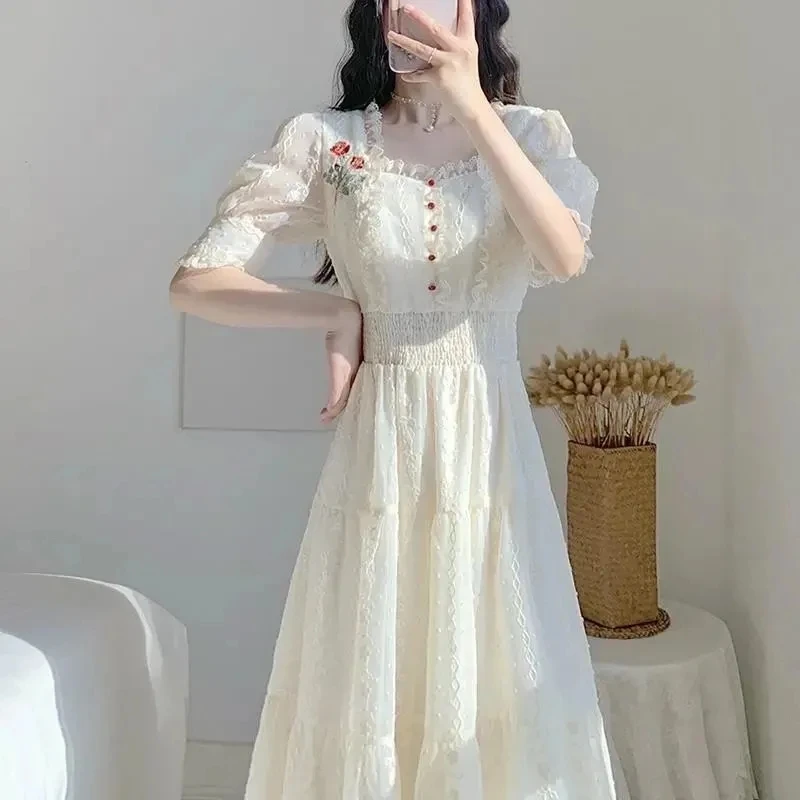 

Lace Embroidered Evening Dress Women's 2024 Summer New Vintage Slim Fit Medium Long Short Sleeve Lace Y2k Dresses