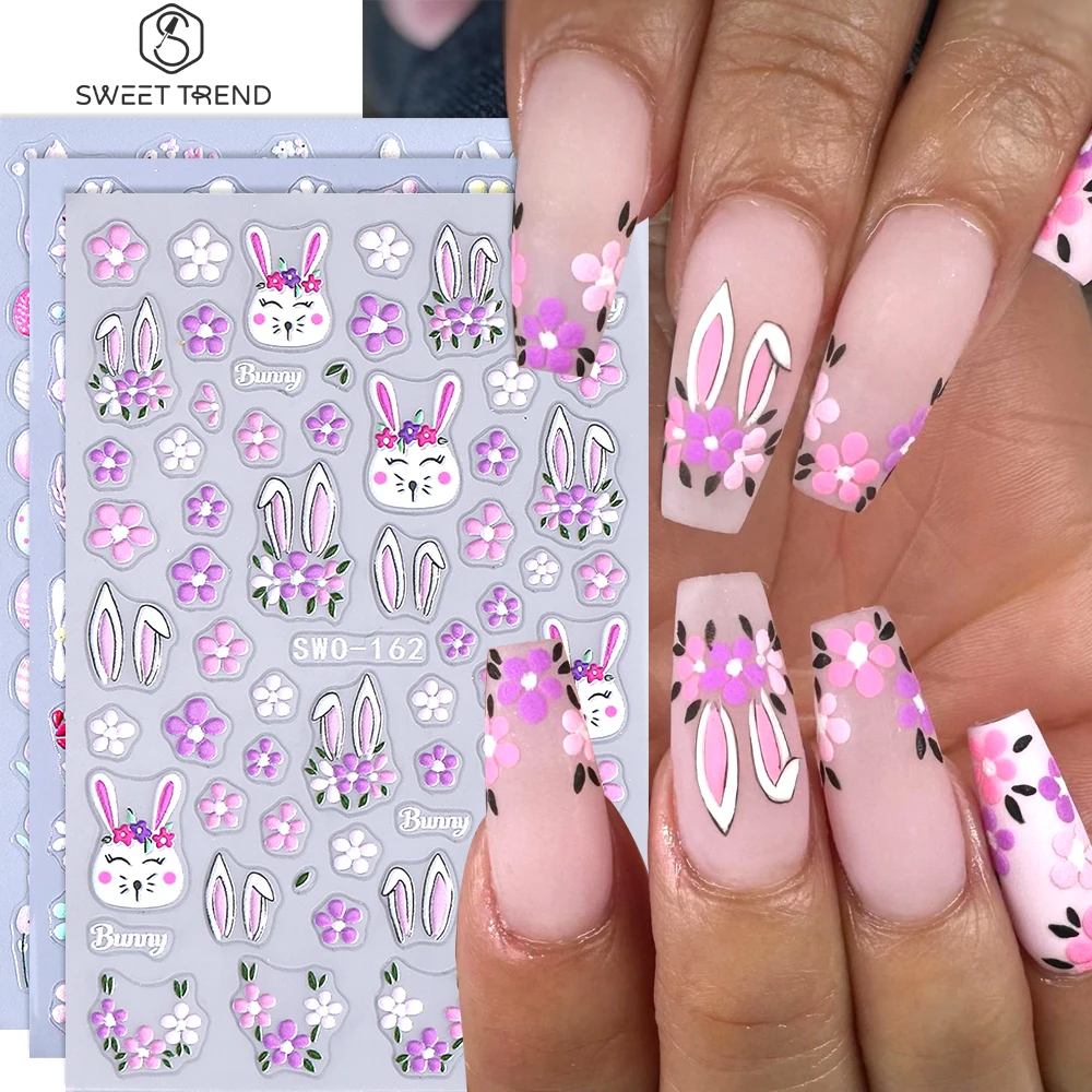 SWEET TREND-5D 엠보싱 부활절 네일 스티커 귀여운 토끼 꽃 달걀 네..