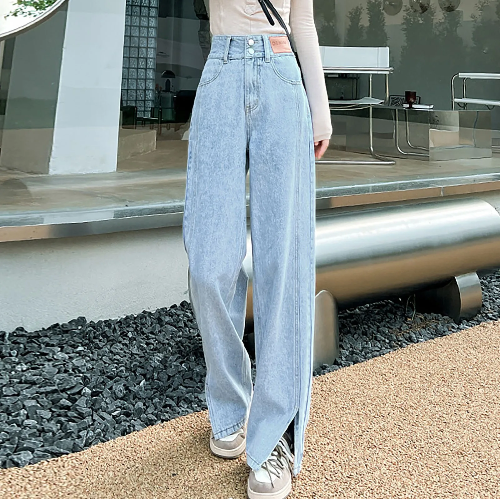 

Модные Винтажные прямые брюки с двумя пуговицами по бокам, свободные тонкие узкие широкие повседневные джинсовые брюки с высокой талией