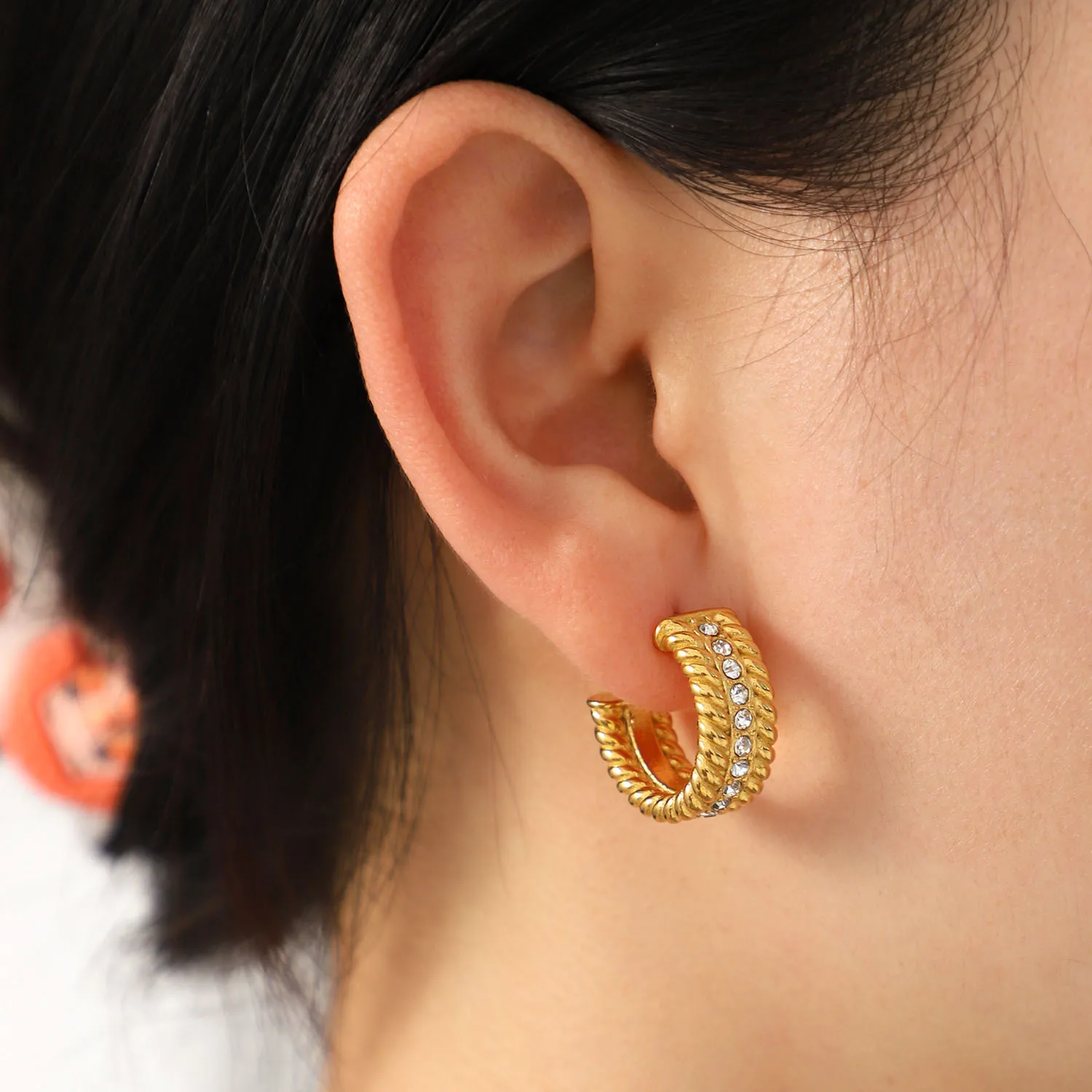 

Stainless Steel PVD 18K Gold Plated Tarnish Waterproof Rhinestoned CC Hoop Earrings For Woman Jewelry Wholesale Trendy