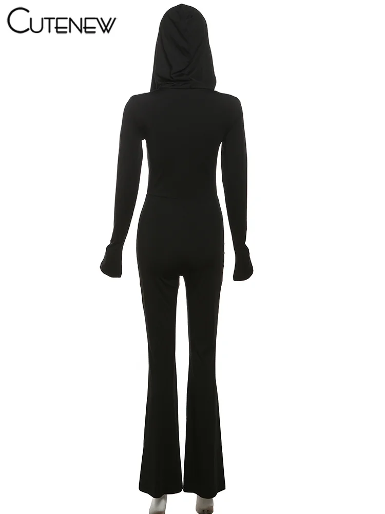 Mono clásico de lentejuelas para mujer, moda nueva, manga larga, cremallera, capucha, ajustado, acampanado, informal, de calle, de una pieza