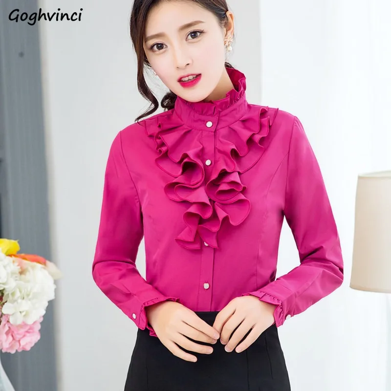 

Ruffles Shirts Women Stand Collar Thickening Spring Autumn Cotton Ladies Long Sleeve Shirt Slim-fit Buttons-up Solid Casual Tops