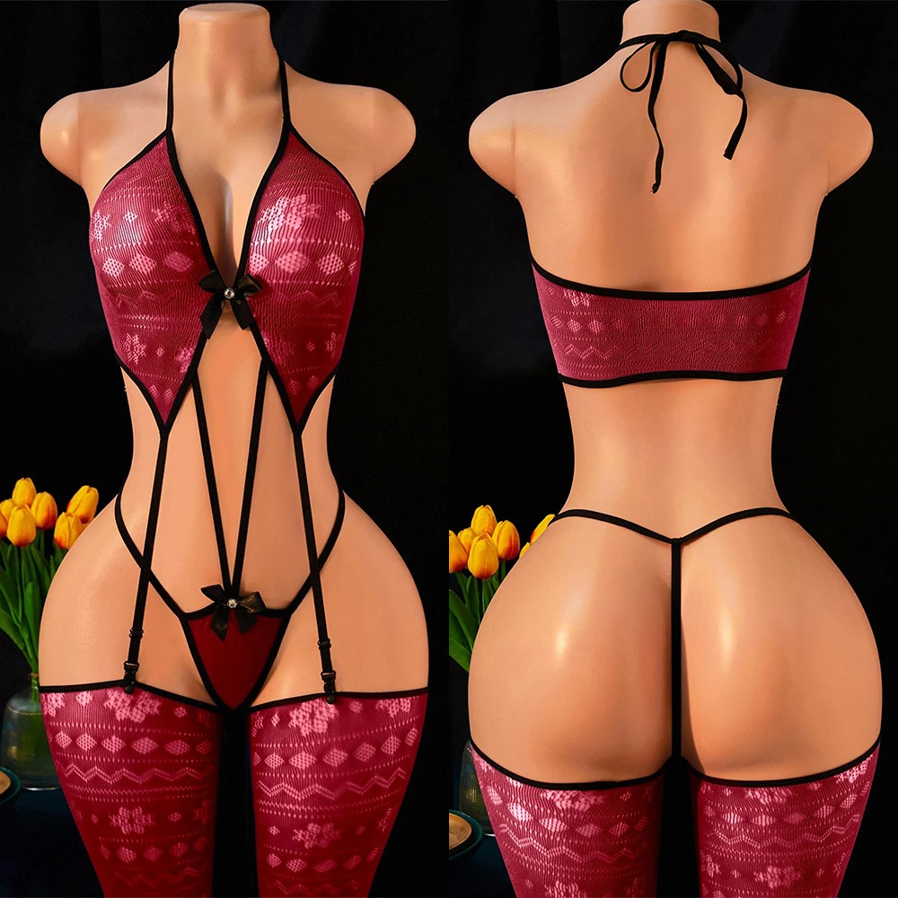 FHSEER 2 Pieces Sexy Fishnet Lingerie Set for Women Sexy Women Open Buttocks Stocking Fishnet Bodystockings Garter