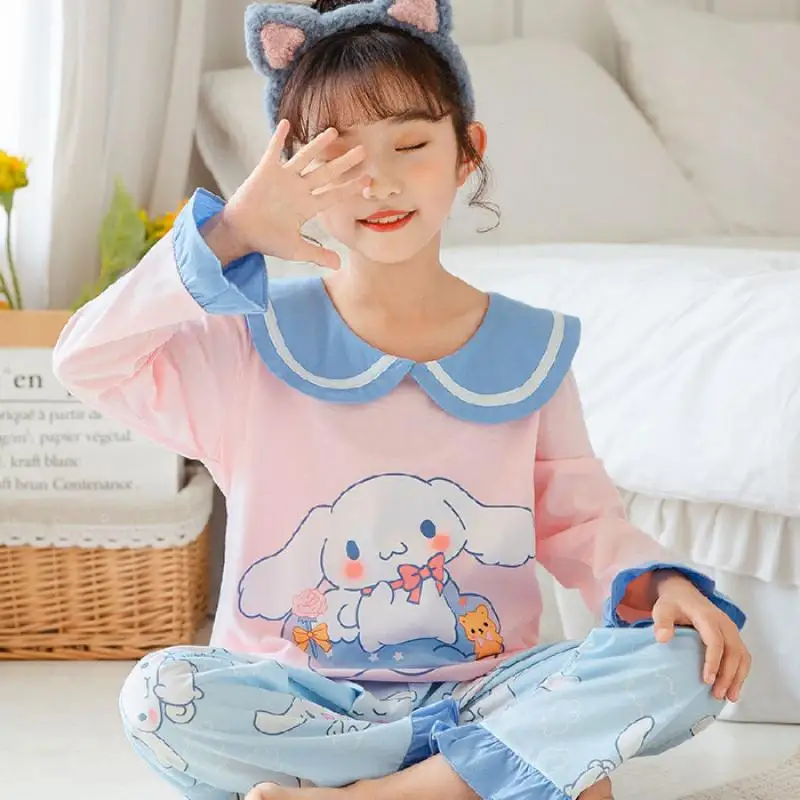 

Kawaii Sanrio Quality Girl Cartoon Thin Nightdress Cinnamoroll Anime Children Autumn Cotton Pajamas Set Christmas Gifts