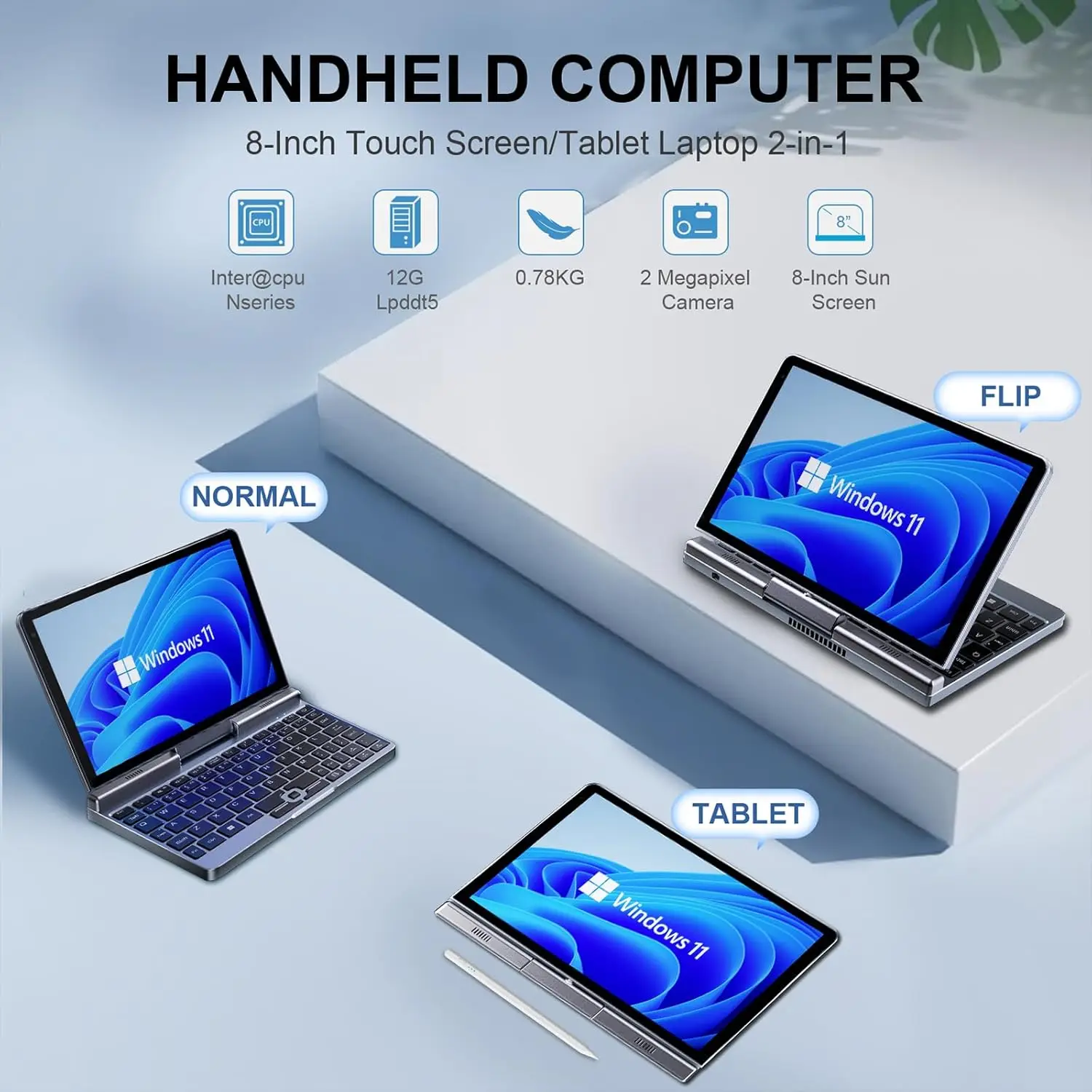 Mini laptop da 8 pollici Windows 11 Micro notebook touch screen portatile N150 12 GB + 1 TB IPS Netbook Win 11 Pro Mini PC Micro Co - immagine 3