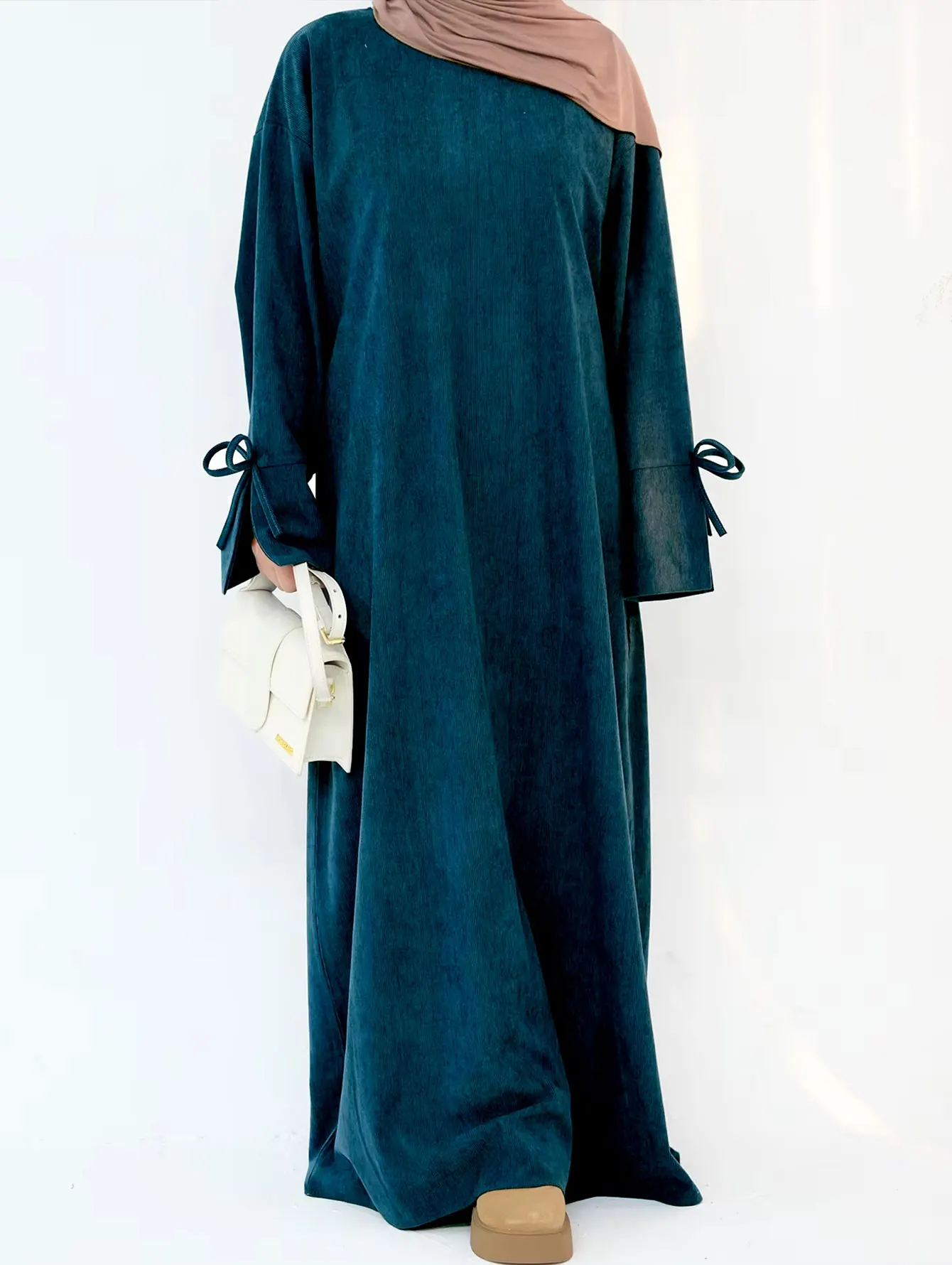 الشتاء سروال قصير القوس عقدة كم عباية المرأة فستان...