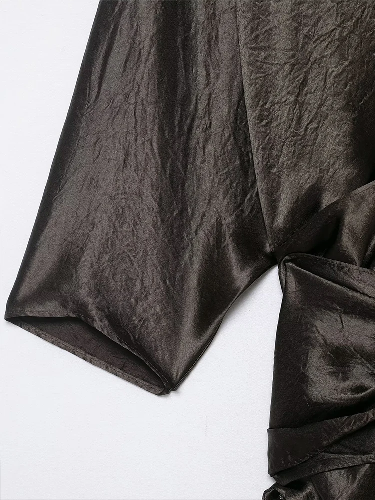 Satin Ruched Long Dresses for Women Long Sleeve V neck Midi Dress Woman Tied Party Womens Dresses Casual Female Dress