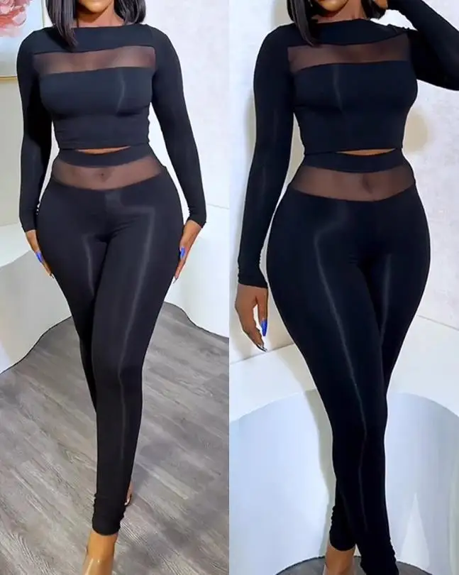 

Sexy Two Piece Set Women Outfit 2023 Summer Long Sleeve Sheer Mesh Boat Neck Crop Top & High Waist Skinny Pants Set Streetwear